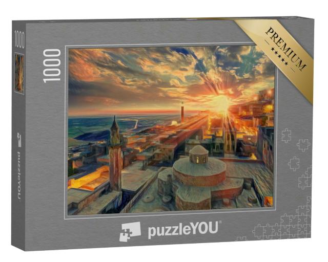 Puzzle 1000 Teile „im Stil von Edvard Munch, Der Schrei - Altstadt bei Sonnenuntergang - Mardin, Türkei“