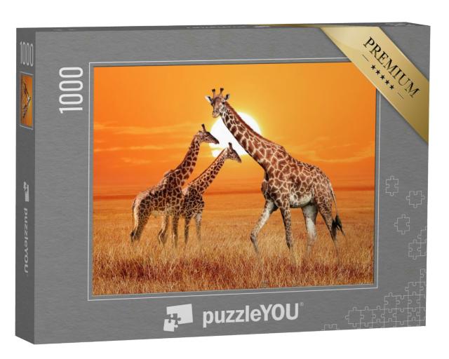 Puzzle 1000 Teile „Giraffe mit ihren zwei Jungtieren, Serengeti-Nationalpark, Tansania“