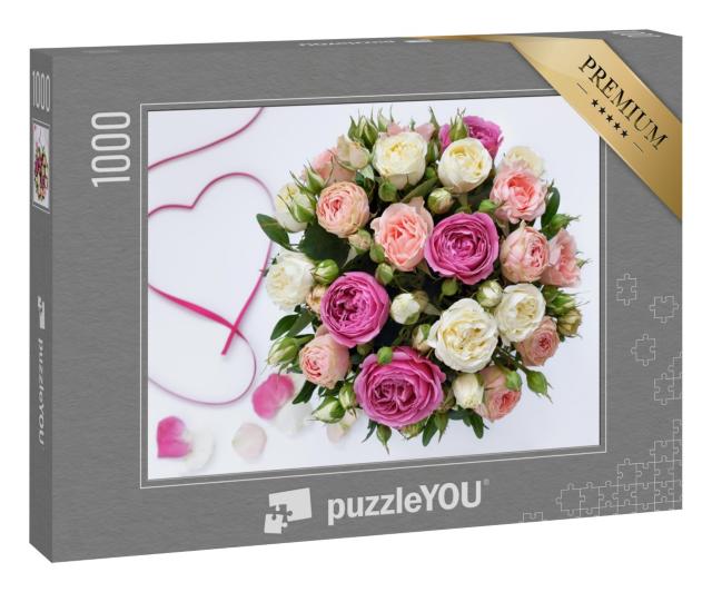 Puzzle 1000 Teile „Rosenstrauß auf weißem Hintergrund, Geburtstag“