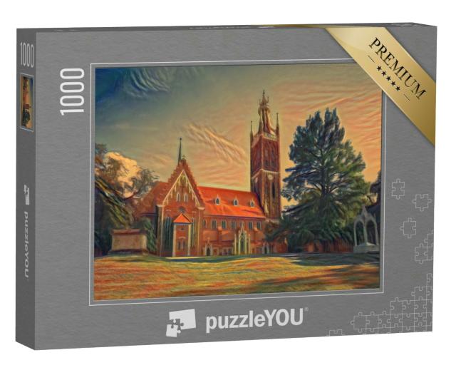 Puzzle 1000 Teile „im Stil von Edvard Munch, Der Schrei - St. Petri Kirche in Wörlitz, Dessau, Sachsen-Anhalt, Deutschland“