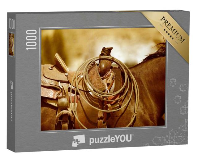 Puzzle 1000 Teile „Sattel und Lasso auf einem Pferderücken, sepia“