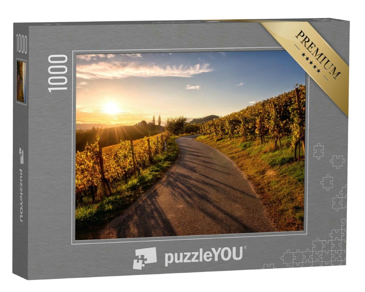 Puzzle 1000 Teile „Asphaltstraße durch Weinberge bei Sonnenuntergang, Weinregion Maribor, Slowenien“