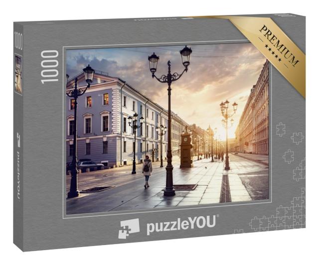 Puzzle 1000 Teile „Frau auf einer Straße mit Laternen, Sank. Petersburg, Russland“