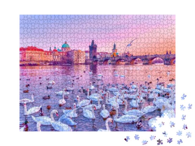 Puzzle 1000 Teile „Schwände auf der Moldau, Sonnenuntergang in Prag“