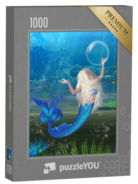 Puzzle 1000 Teile „Digitale Kunst: Blonde Meerjungfrau beim Spiel mit Luftblasen unter Wasser“