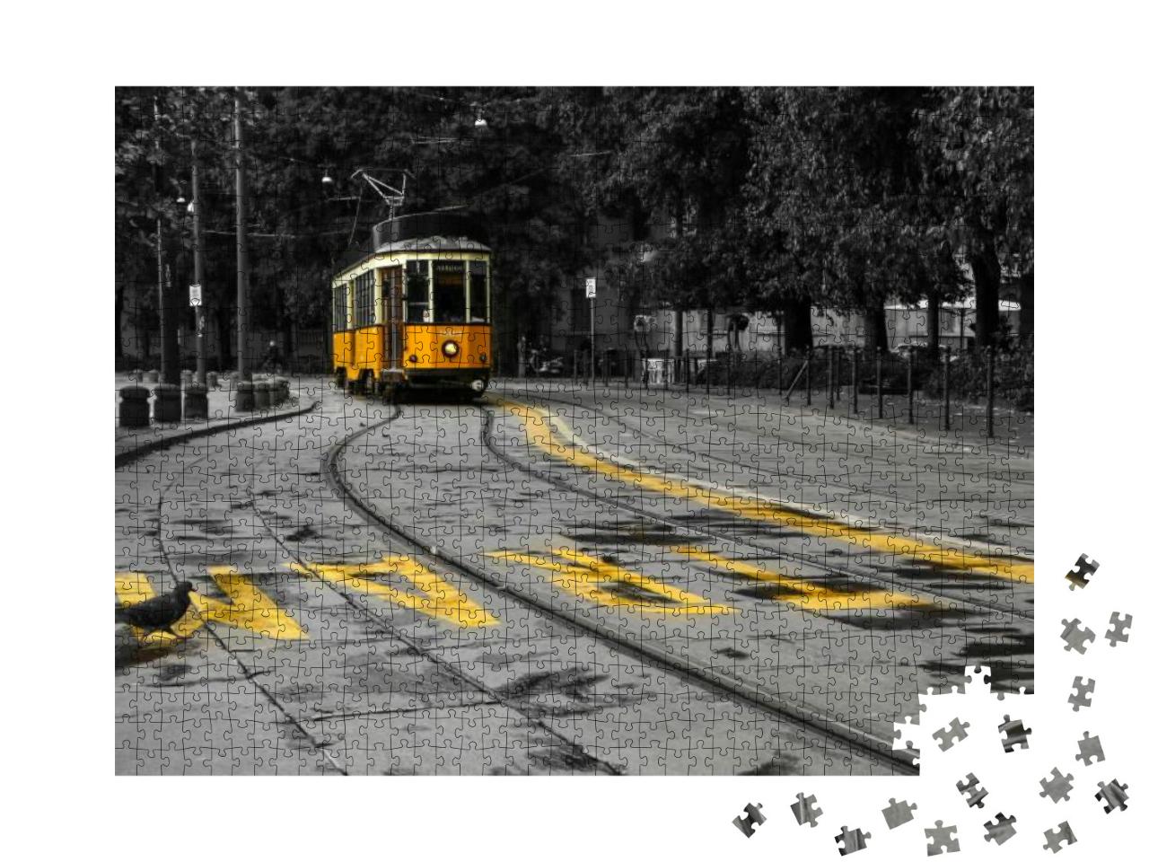 Puzzle 1000 Teile „Gelbe Straßenbahn in Mailand, Italien, die durch das Stadtzentrum fährt“