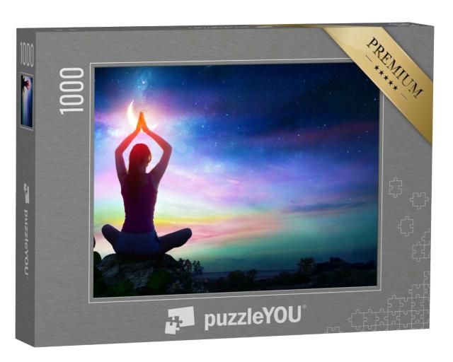 Puzzle 1000 Teile „Frau beim Yoga mit Lotusblumen und Chakra-Farbverlauf“