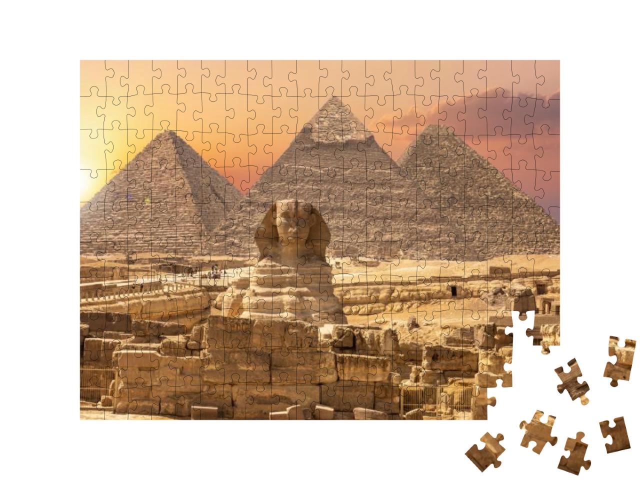 Puzzle 200 Teile „Weltwunder aus Ägypten: Pyramiden mit Sphinx, Gizeh“
