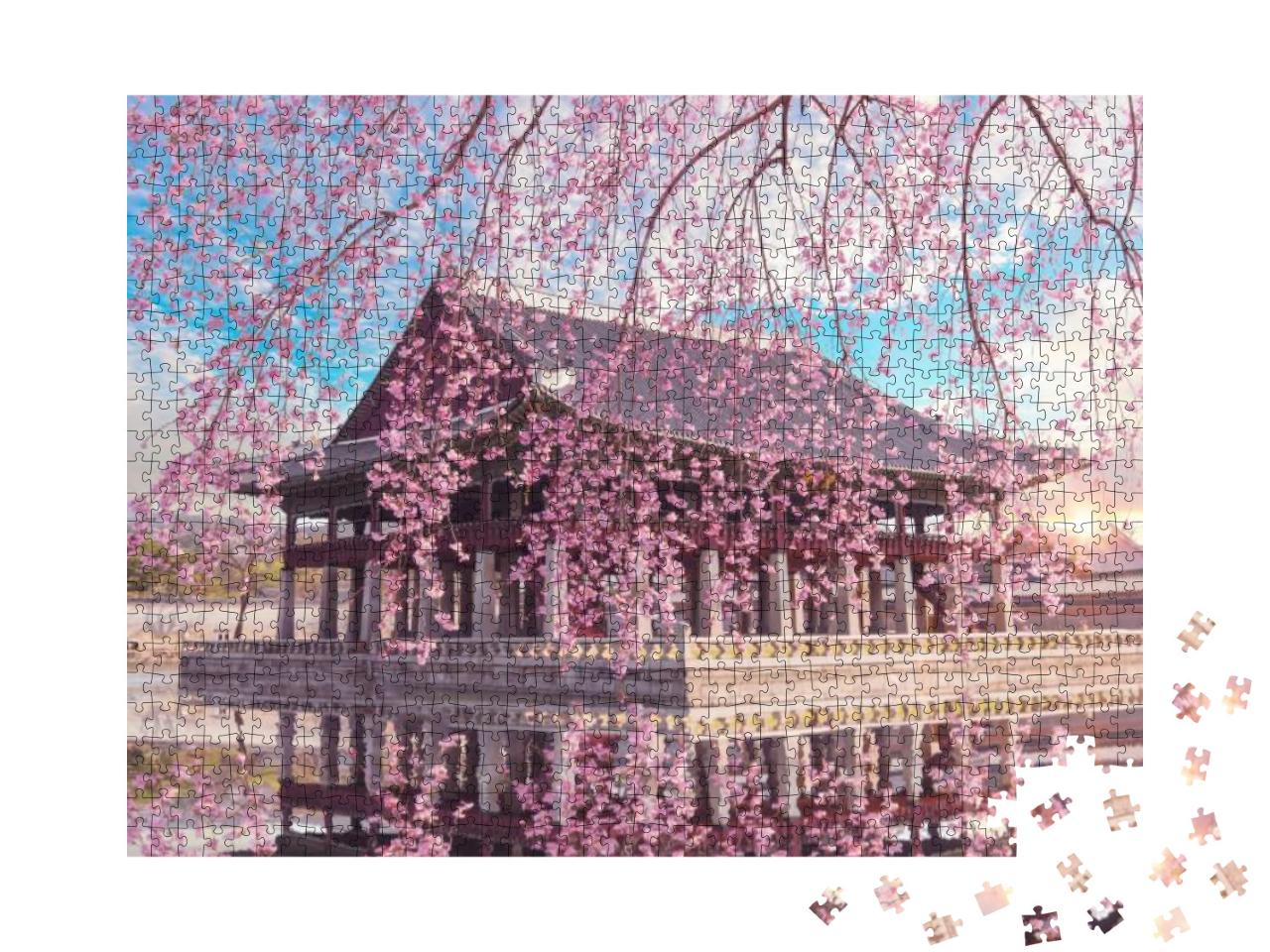 Puzzle 1000 Teile „Üppige Kirschblüte am Gyeongbokgung-Palast in Seoul, Südkorea“