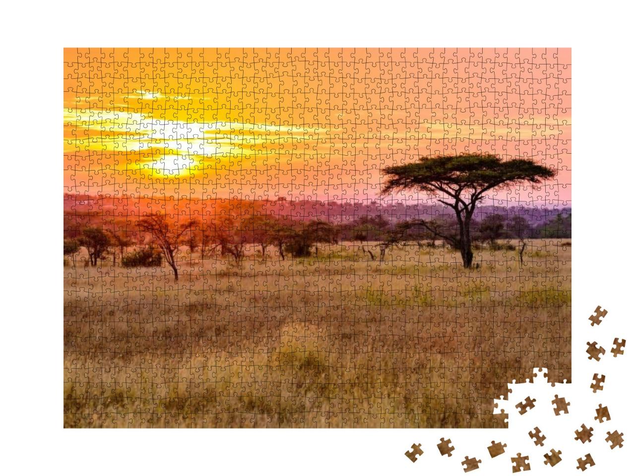 Puzzle 1000 Teile „Sonnenuntergang in der Savanne Afrikas mit Akazienbäumen, Tansania“