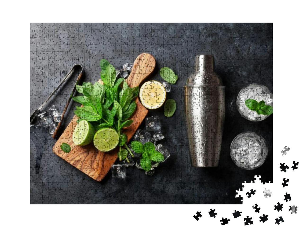 Puzzle 1000 Teile „Zutaten für einen Mojito-Cocktails: Shaker, Minze, Limette, Eis“