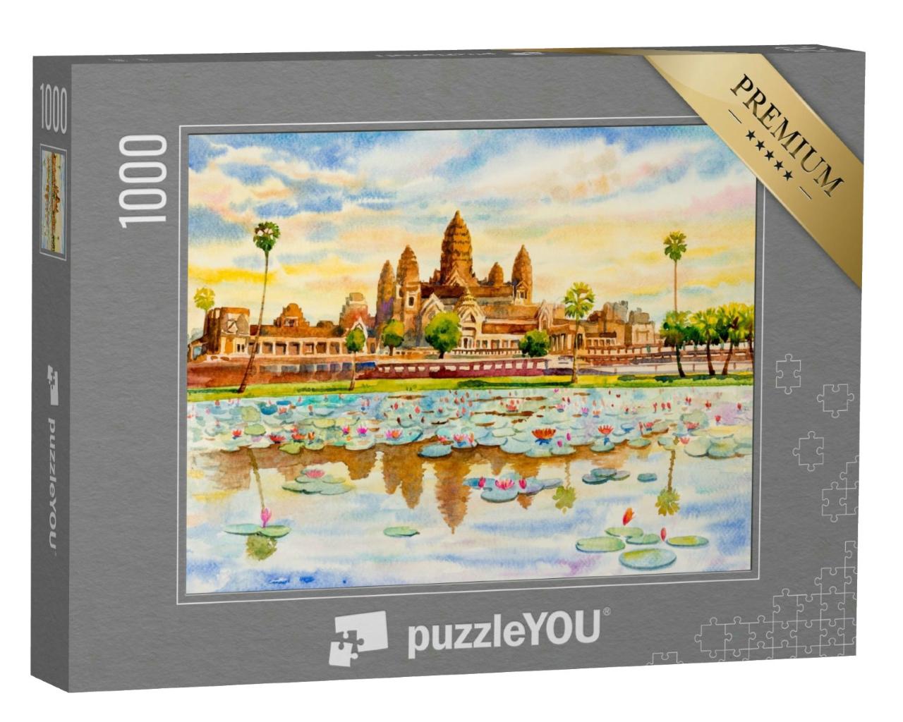 Puzzle 1000 Teile „Aquarellmalerei: Angkor Wat, Kambodscha“