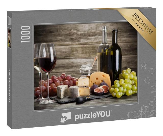 Puzzle 1000 Teile „Wein- und Käsestillleben mit Feigen und Trauben auf einer Schieferplatte“