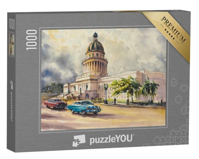 Puzzle 1000 Teile „Alte amerikanische Oldtimer fahren vor dem Capitol, Havanna, Kuba“