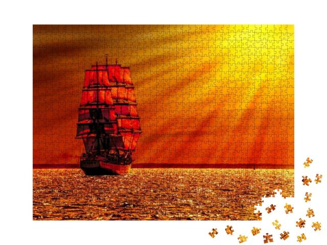 Puzzle 1000 Teile „Segelschiff im blutroten Sonnenuntergang“