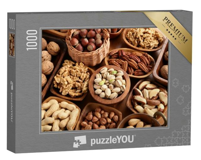 Puzzle 1000 Teile „Superfoods: Verschiedene Sorten von Nüssen in Holzschalen“