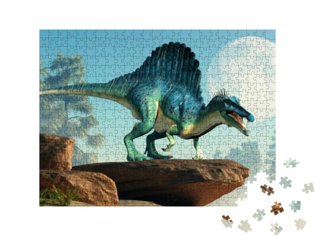 Puzzle 500 Teile „3D-Illustration: ein Spinosaurus auf einer Klippe bei Mondschein“