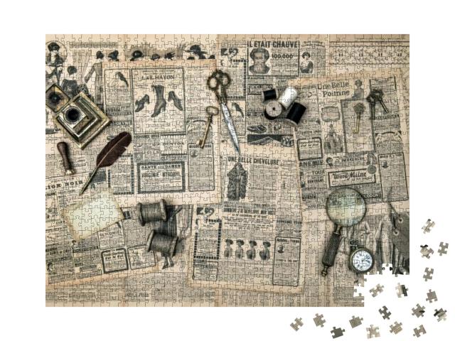 Puzzle 1000 Teile „Antike Accessoires: Näh- und Schreibwerkzeuge, Vintage-Modezeitschrift für die Frau“
