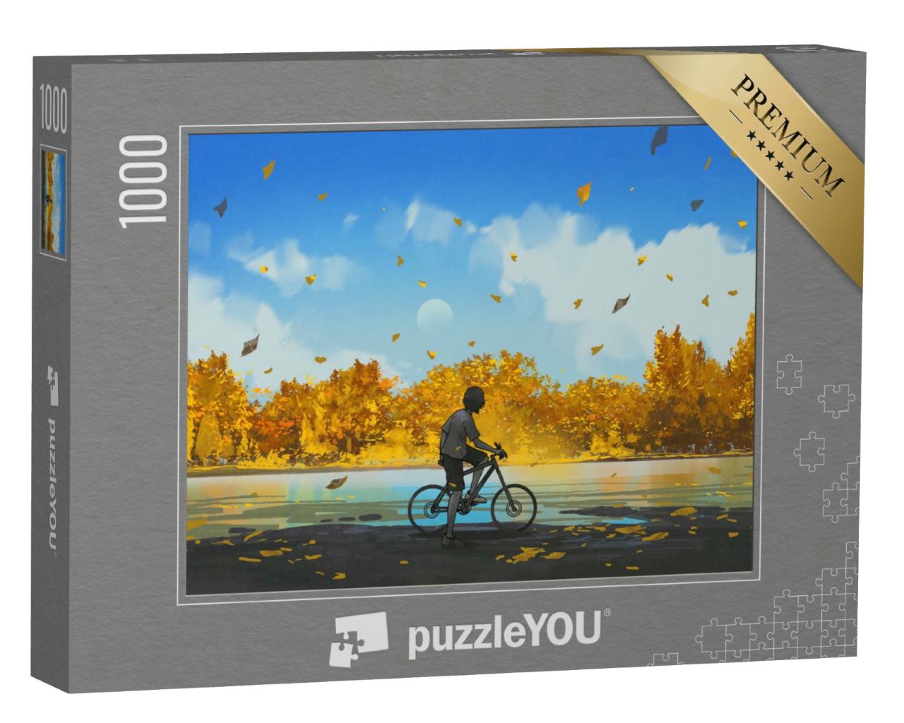 Puzzle 1000 Teile „Digitale Kunst: Junge auf einem Fahrrad mit Blick auf den Herbst“