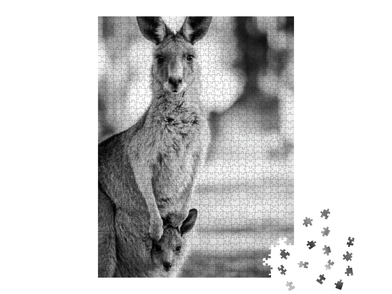 Puzzle 1000 Teile „Schwarz-Weiß-Aufnahme eines Kängurus mit seinem Baby“