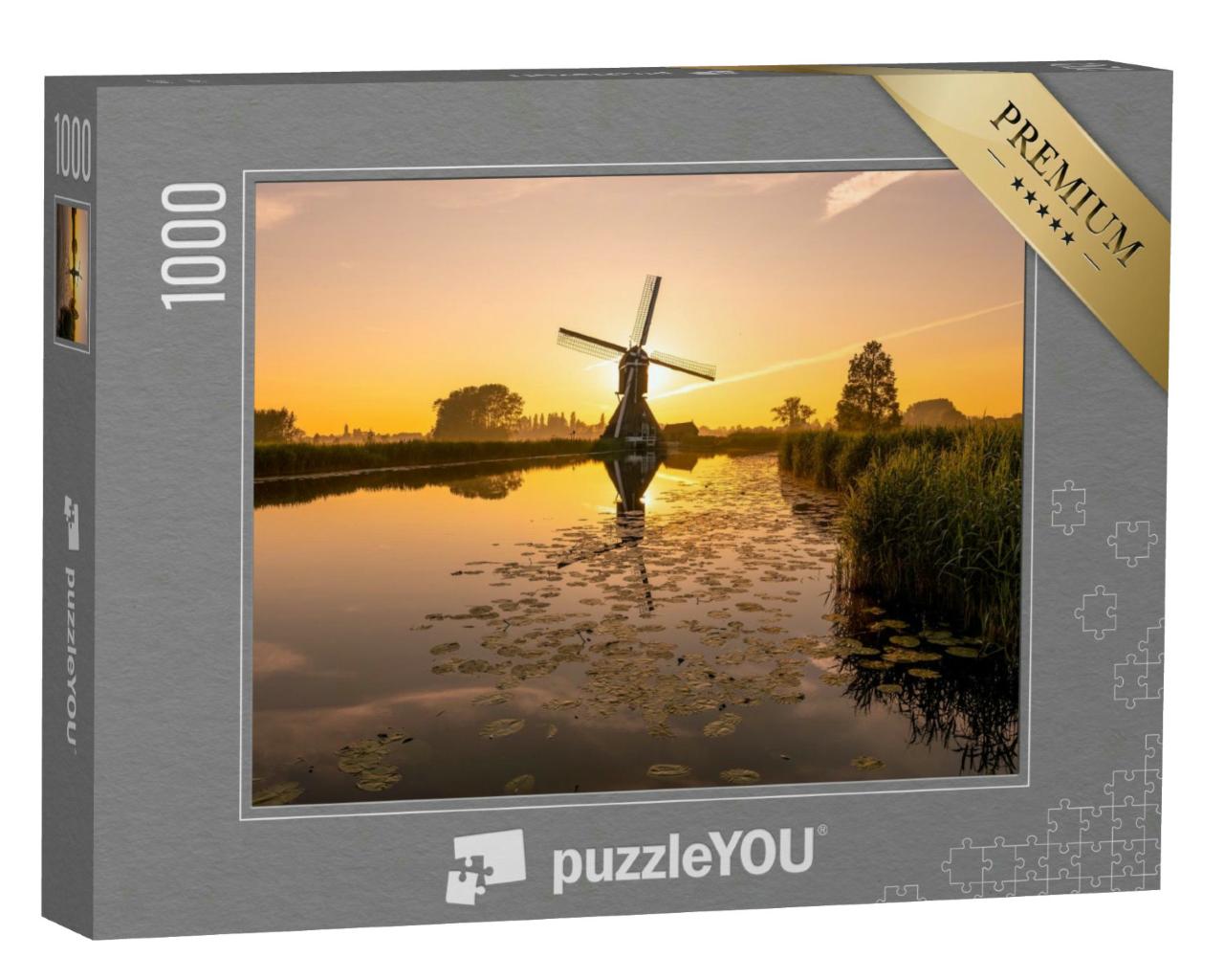 Puzzle 1000 Teile „Sonnenaufgang an einer Flusslandschaft: idyllische Windmühle“