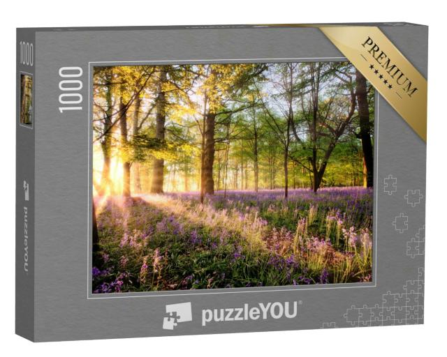Puzzle 1000 Teile „Wunderschöne Glockenblumen im Wald bei Sonnenaufgang“