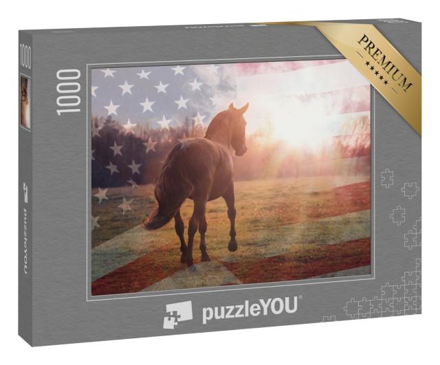 Puzzle 1000 Teile „Porträt eines amerikanischen Quarter-Pferdes mit der Flagge der USA“