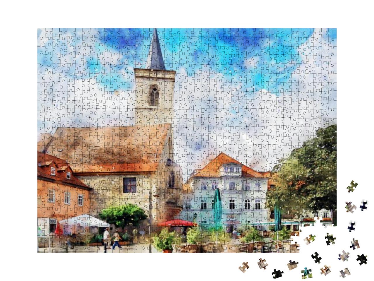 Puzzle 1000 Teile „Aquarell vom Marktplatz in Erfurt, Thüringen“