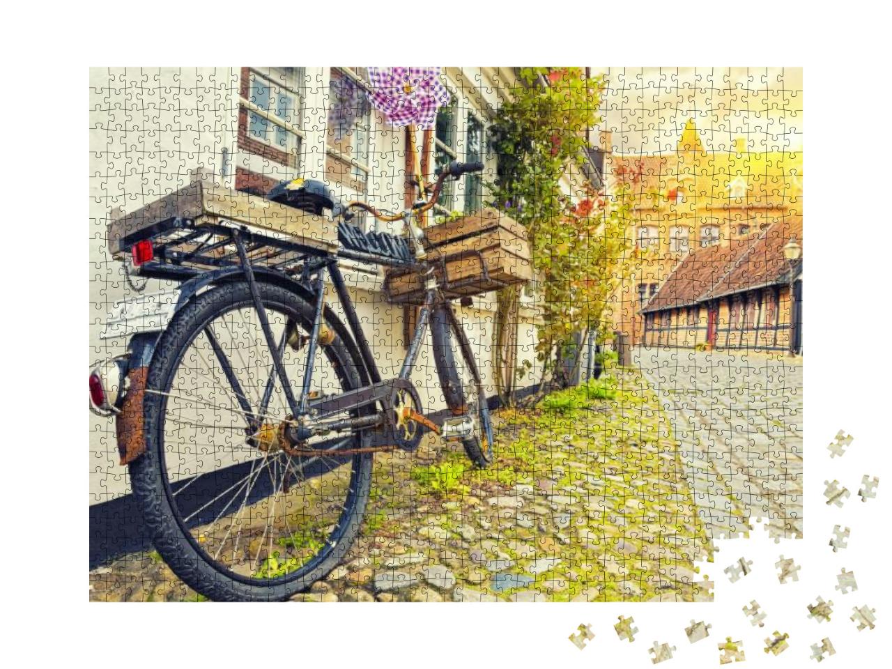 Puzzle 1000 Teile „Vintage-Fahrrad vor einer Hauswand bei Sonnenuntergang in Ribe“