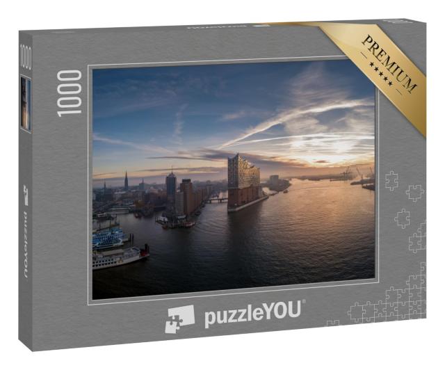 Puzzle 1000 Teile „Panorama Luftaufnahme vom Hamburger Hafen mit schönem Sonnenaufgang“