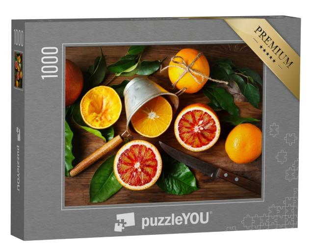 Puzzle 1000 Teile „Stillleben mit orangefarbenen Früchten und grünen Blättern auf einem Holztisch“