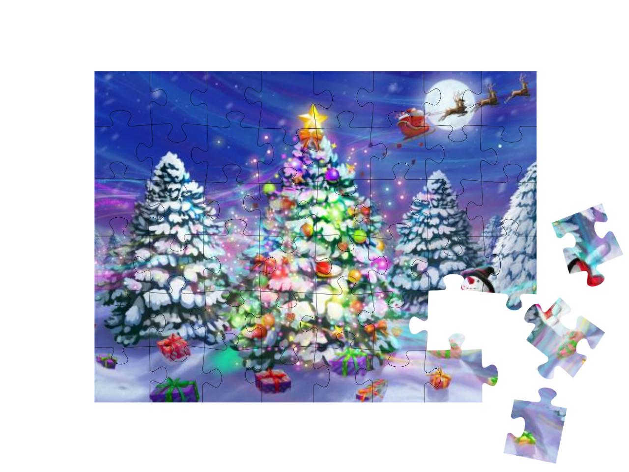 Puzzle 48 Teile „Illustration: Santas Schlitten über einem Weihnachtsbaum im verschneiten Wald“