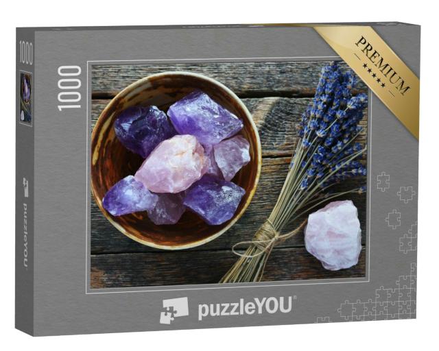Puzzle 1000 Teile „Tischbild einer Keramikschale mit großem Rosenquarz und Amethystkristall“