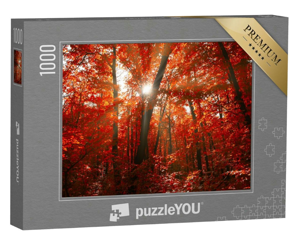 Puzzle 1000 Teile „Roter Herbstwald mit Sonnenlicht, spektakuläres Waldgebiet in der Herbstsaison“