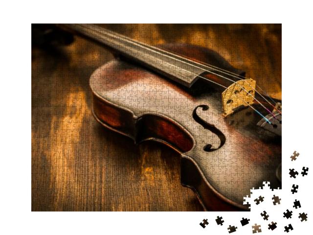 Puzzle 1000 Teile „Geige: Vintage-Stil auf Holz-Hintergrund“
