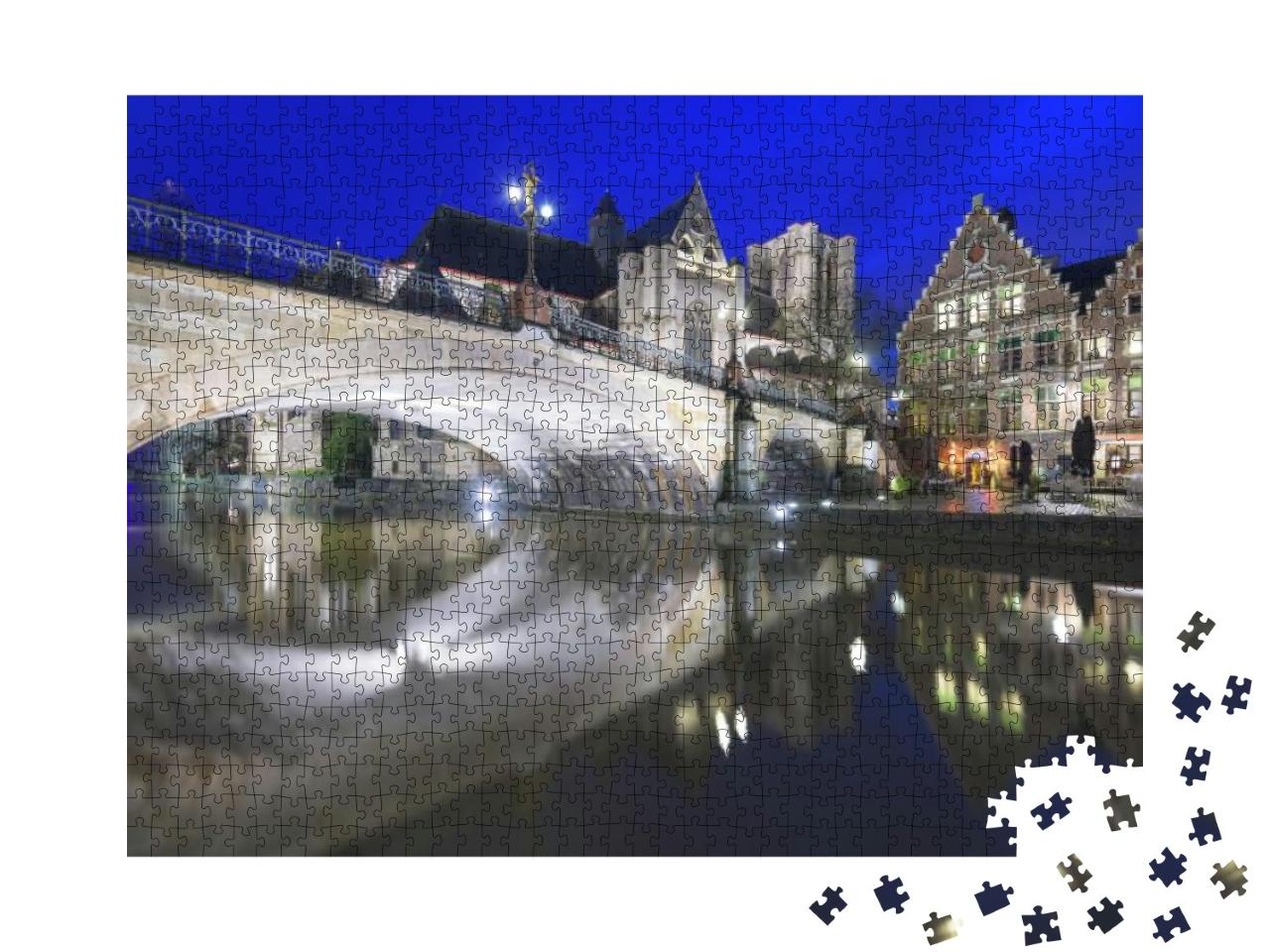 Puzzle 1000 Teile „Gent, Belgien Altstadt Stadtbild bei Nacht an der Leie mit St. Michaelskirche und Brücke“
