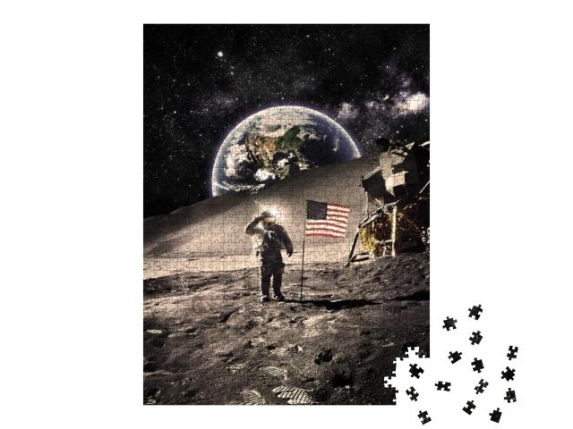 Puzzle 1000 Teile „Vintage -Astronaut mit Flagge auf dem Mond, NASA-Bildmaterial“