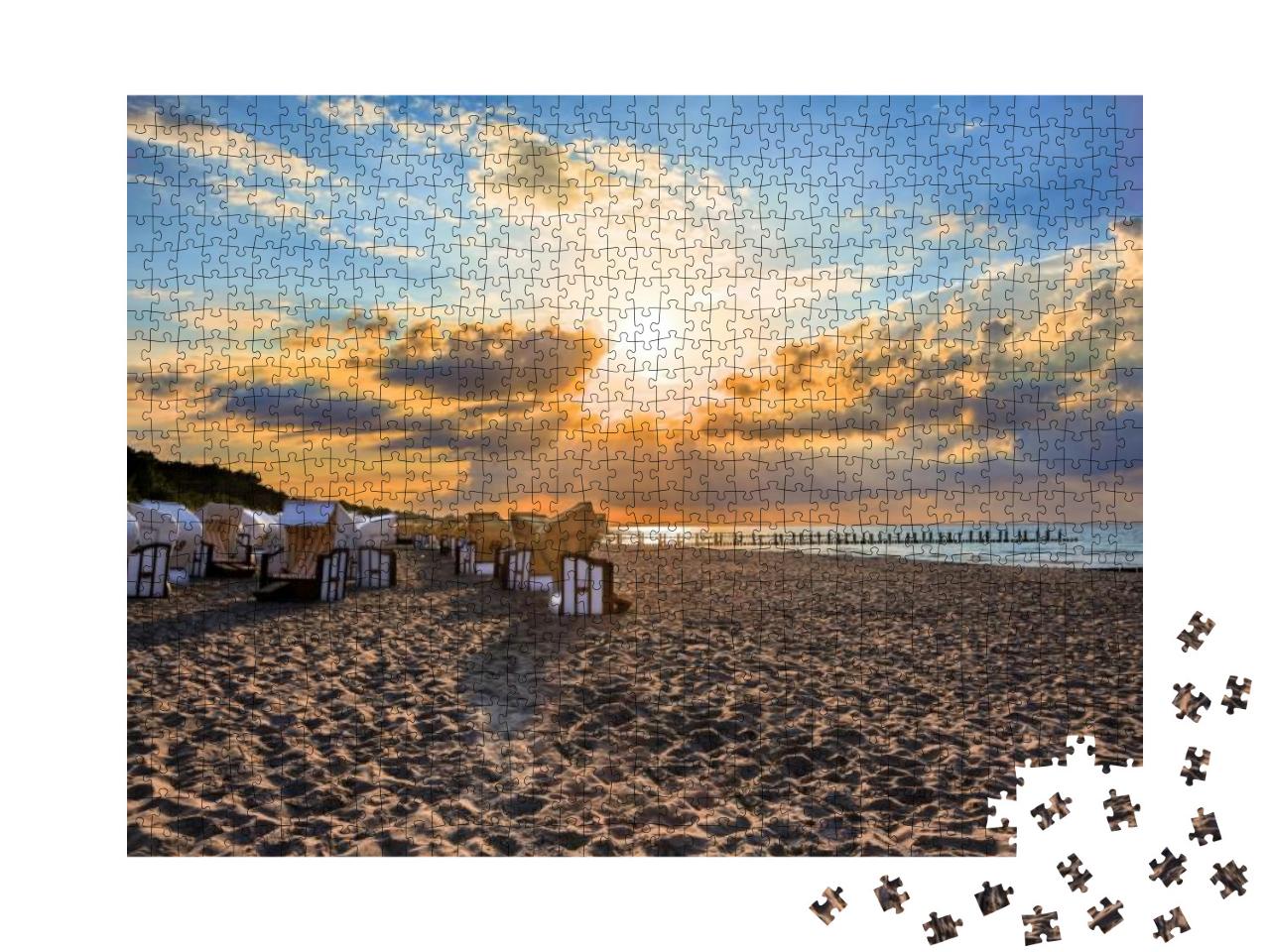 Puzzle 1000 Teile „Farbenfroher Sonnenuntergang am Strand, blauer Himmel, Meer“