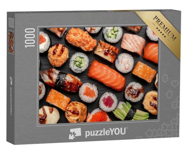 Puzzle 1000 Teile „Assortierte Sushi Nigiri und Maki auf Schieferplatten“