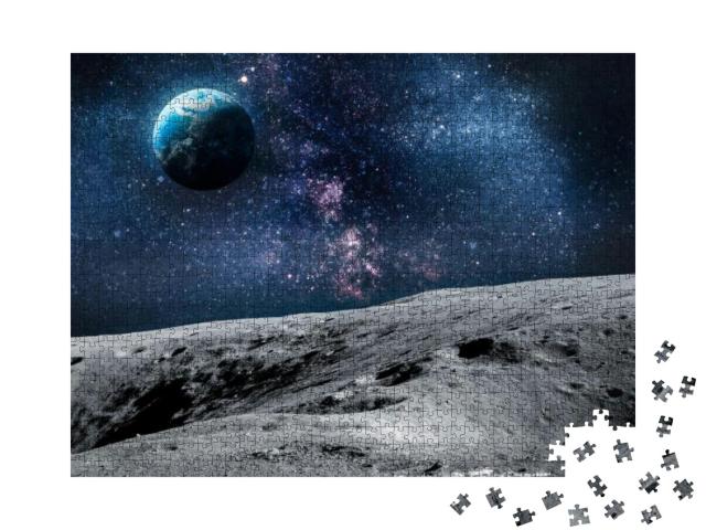Puzzle 1000 Teile „Oberfläche des Mondes, Planet Erde im Hintergrund“