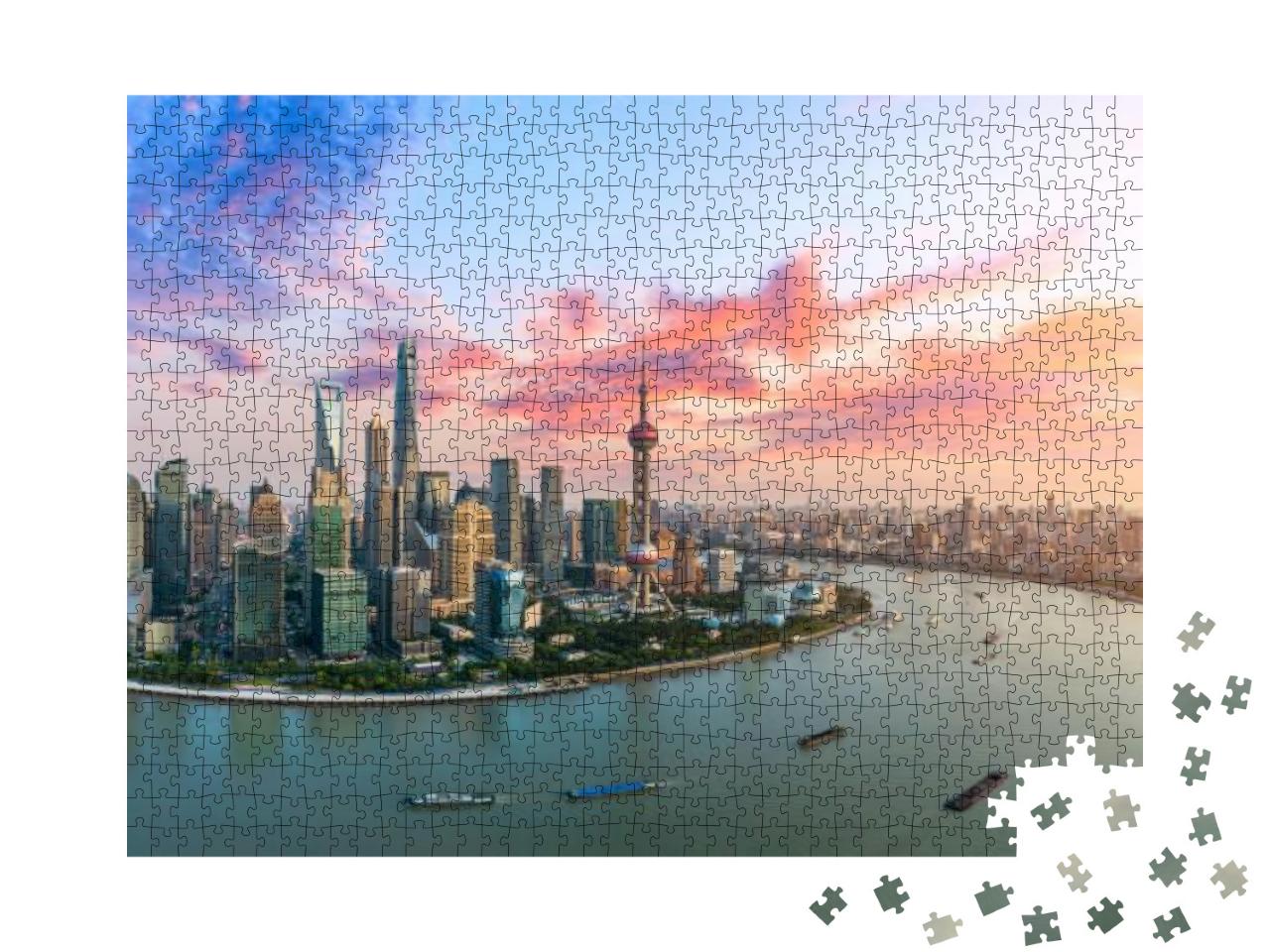 Puzzle 1000 Teile „Luftaufnahme der Skyline von Shanghai im Abendlicht“