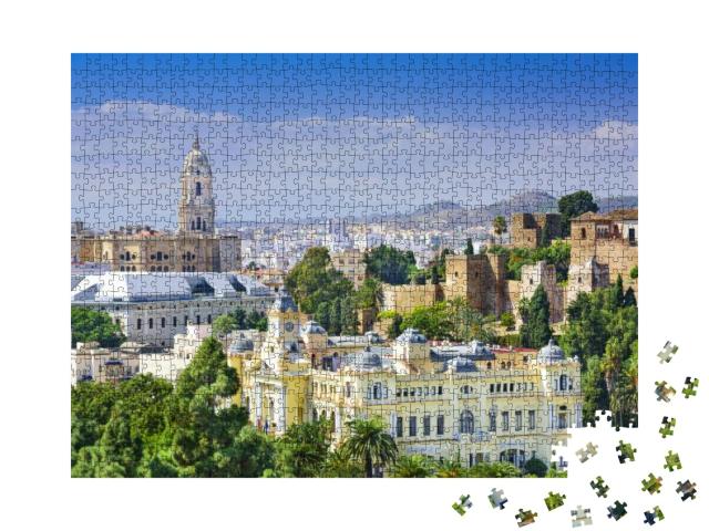 Puzzle 1000 Teile „Stadtbild von Malaga mit Kathedrale und Rathaus, Spanien“