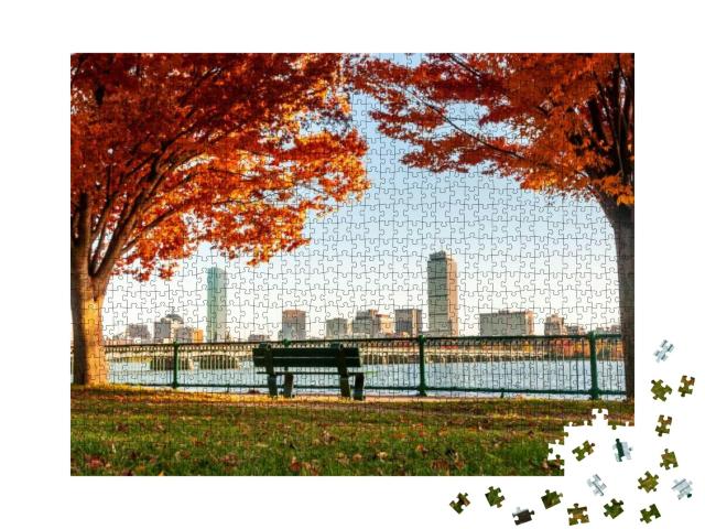 Puzzle 1000 Teile „Herbststimmung: Skyline von Boston vom anderen Flussufer“