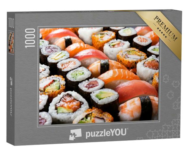 Puzzle 1000 Teile „Sushi-Auswahl: Maki und Rollen mit Thunfisch, Lachs, Garnelen, Krabben und Avocado“