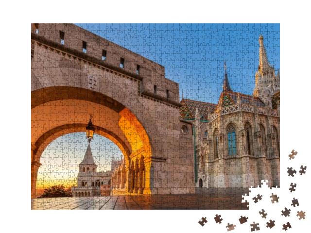 Puzzle 1000 Teile „Nordtor der Fischerbastei Halaszbastya bei Sonnenaufgang, Budapest, Ungarn“