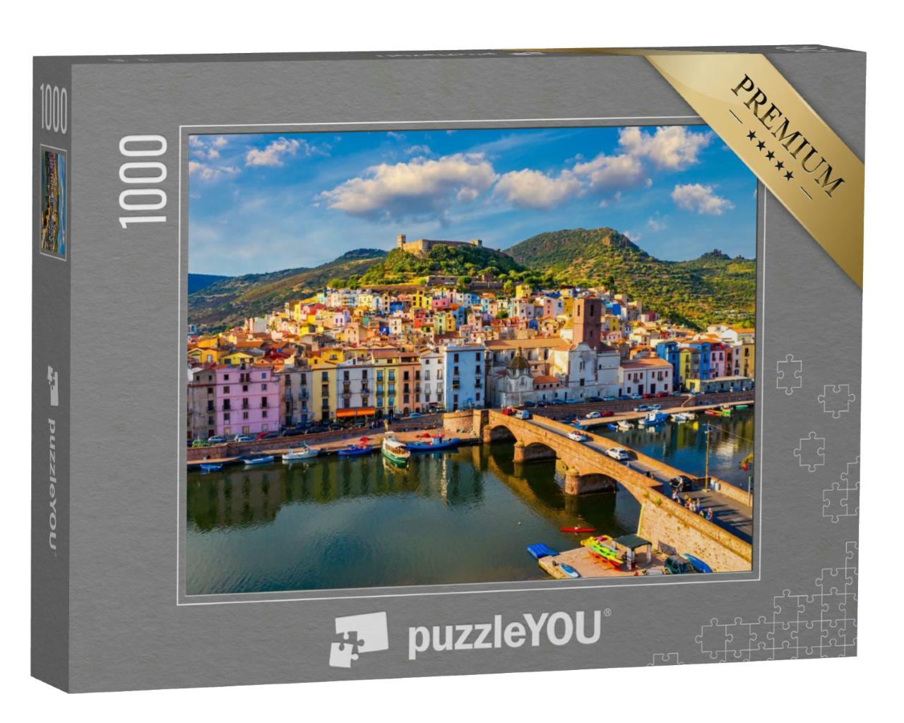 Puzzle 1000 Teile „Luftaufnahme des schönen Dorfes Bosa mit bunten Häusern, Sardinien“