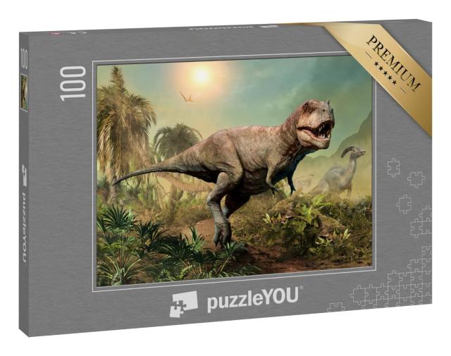 Puzzle 100 Teile „Tyrannosaurus rex, 3D-Illustration einer Szene“