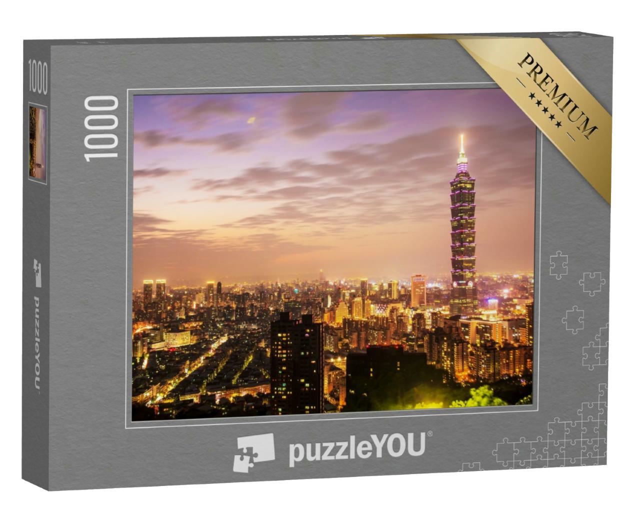 Puzzle 1000 Teile „Skyline von Taipeh bei Sonnenuntergang mit dem berühmten Taipei 101“