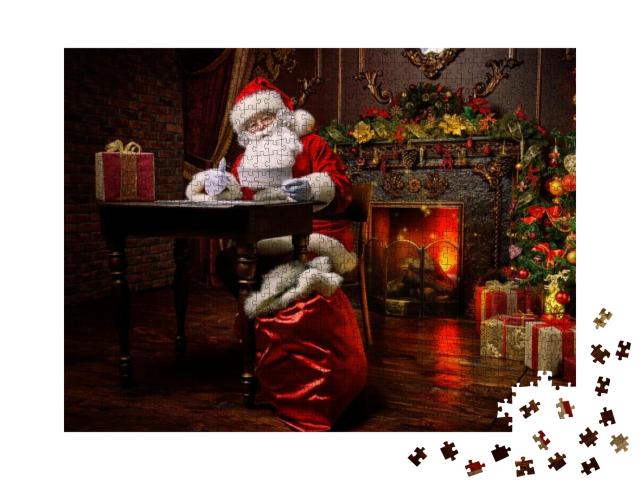 Puzzle 1000 Teile „Weihnachtsmann bereitet sich auf Weihnachten vor, Wunschzettel“