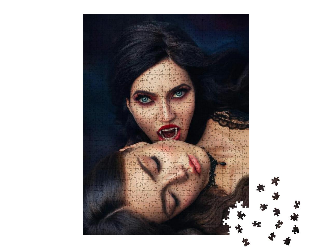 Puzzle 1000 Teile „Fantasy-Porträt: böse Vampirfrau beißt schlafende Schönheit, rote Lippen“